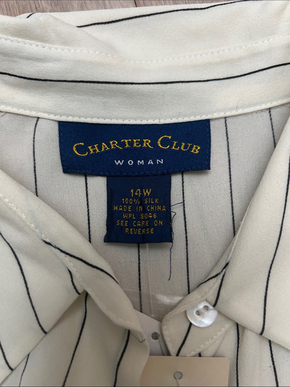 Charter Club Silk Cream Button-Down Shirt with black Pinstripes size 14 W - Picture 7 of 15